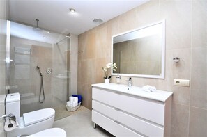 Shower, hair dryer, towels