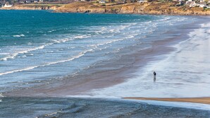 Une plage côtière avec des vagues, une personne debout dans l’eau et des maisons en arrière-plan.