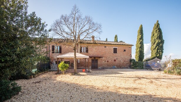 A rustic brick house with a gravel driveway, a small tree, and tall cypress trees in the background.