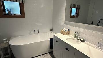 Hair dryer, towels, soap, shampoo