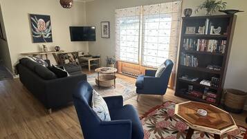 Smart TV, DVD player, books, video library