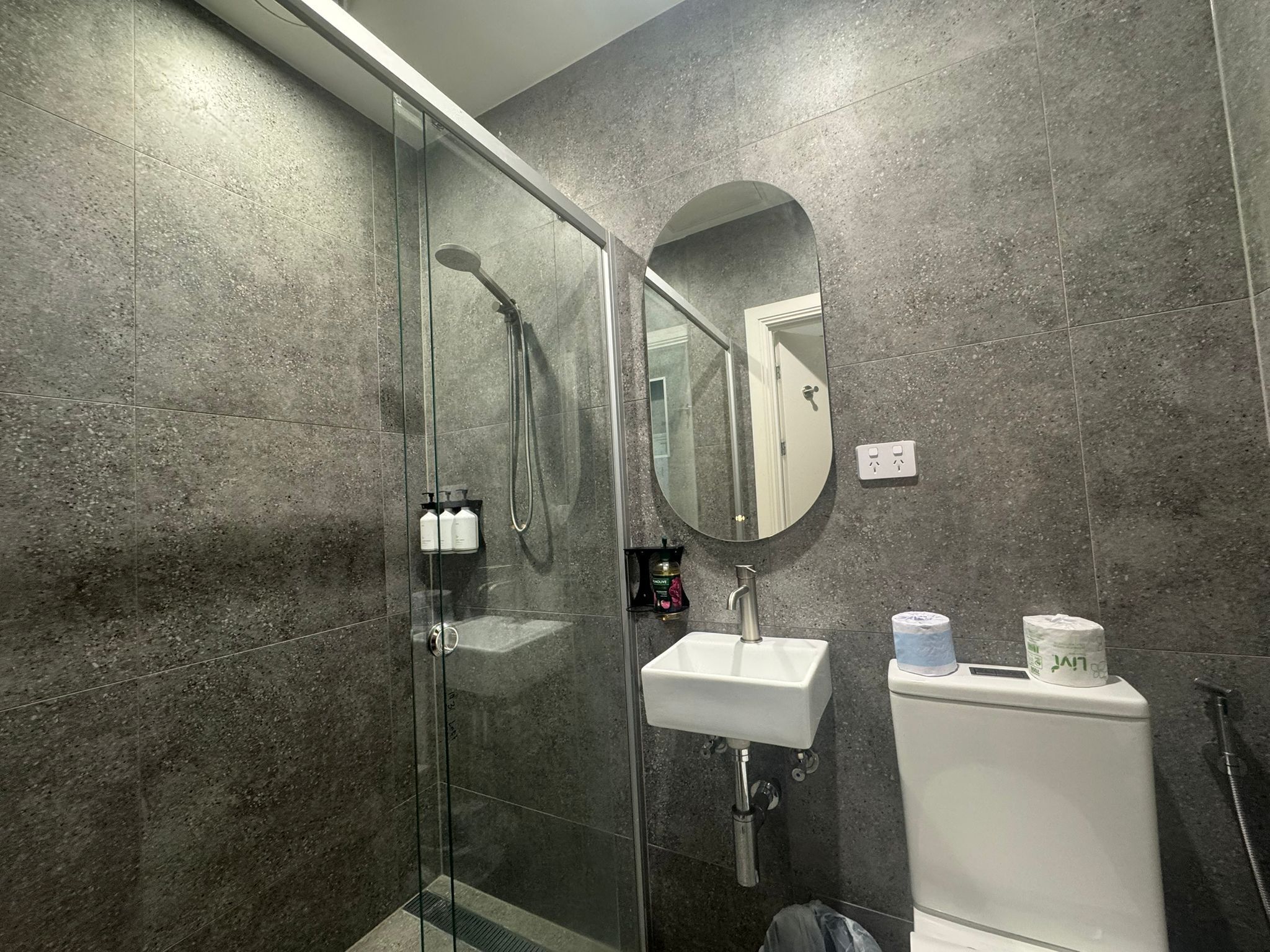 A modern bathroom with a glass-enclosed shower, a white sink, and a toilet.