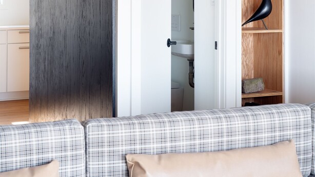 A modern living room with a sofa, a wooden cabinet, and a shelf with logs and a bird. - SNØFALL@CAMELBACK (Tannersville)