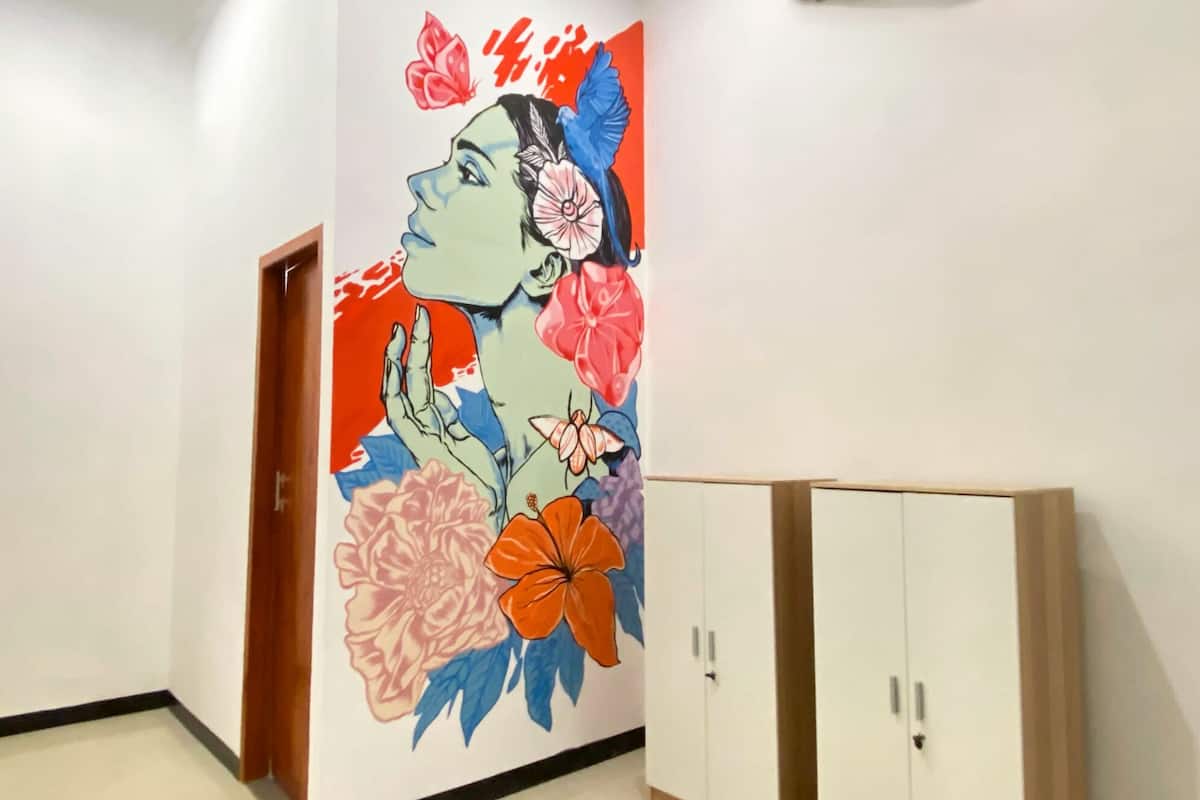 A hallway with a colorful mural on the wall, a wooden door, and a white wardrobe with two doors.