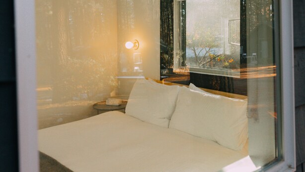 A bed with white linens, a bedside table with a lamp, and a window with a view of trees and a building.