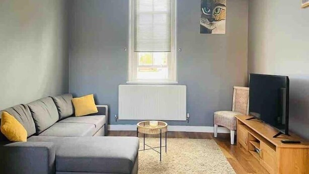 Un salon moderne avec un canapé gris, une petite table ronde, un téléviseur posé sur un meuble en bois et une fenêtre équipée de stores.