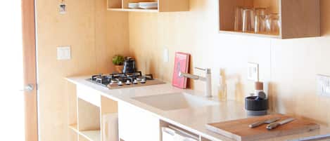 Fridge, microwave, stovetop, toaster