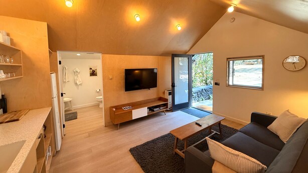 Ein modernes Wohnzimmer mit Flachbildfernseher, einer Couch, einem Couchtisch und einer Küchenzeile mit Kühlschrank und Arbeitsfläche.