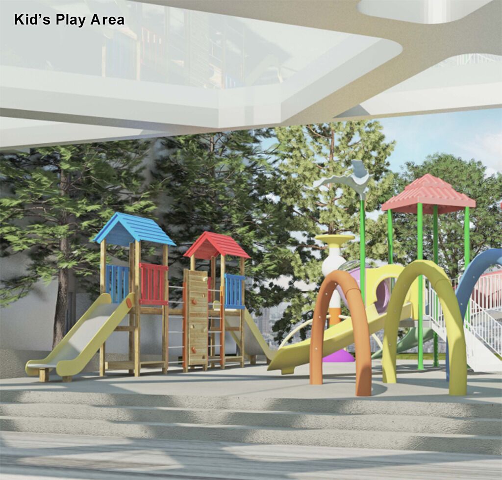 A children's play area with various play structures including slides and climbing frames.