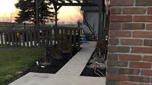 A concrete pathway leading to a wooden pergola with a brick wall on the right.