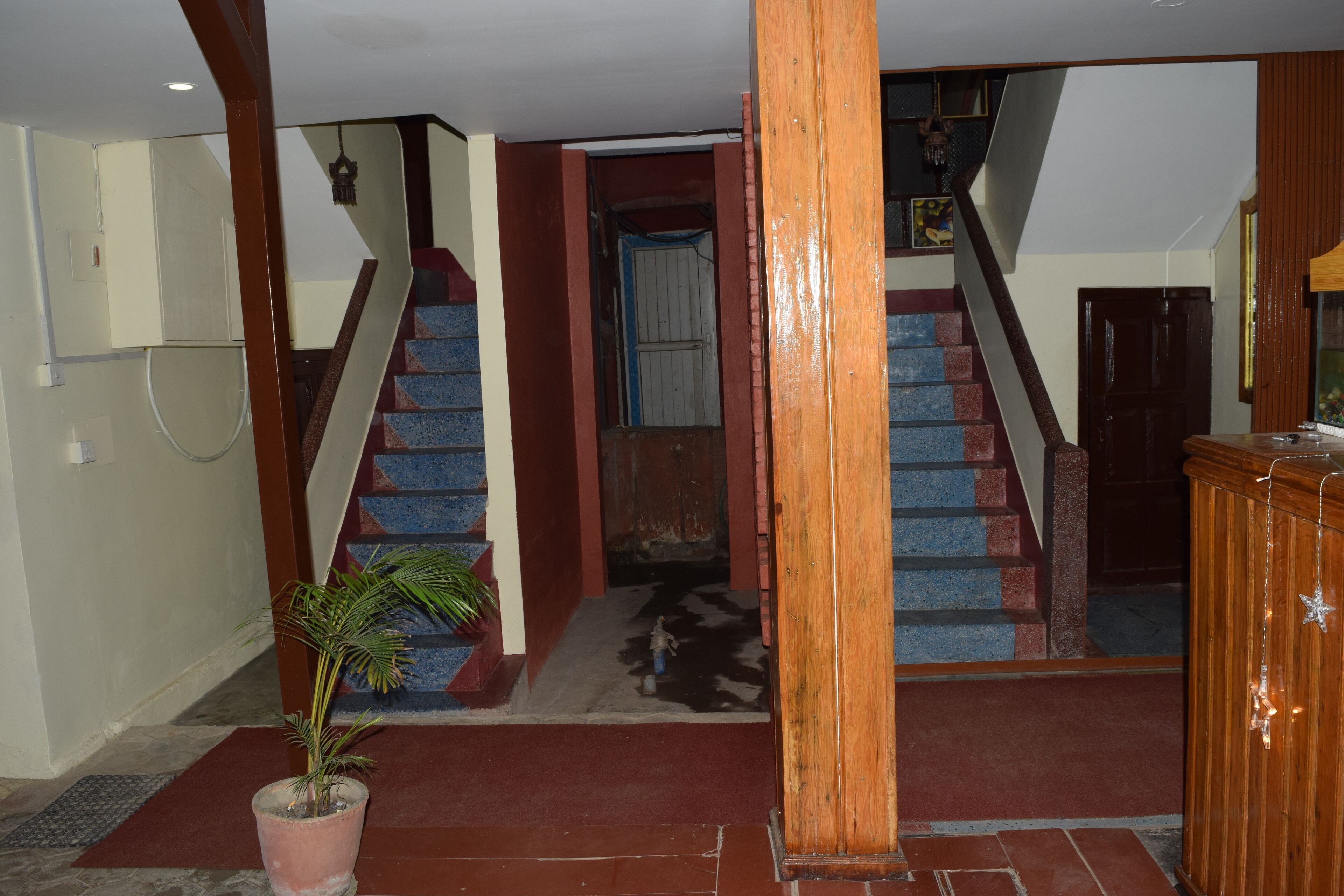 A staircase with a red and blue color scheme, a wooden column, and a potted plant.