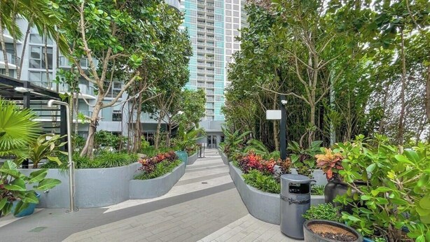 Un sendero bordeado por macetas con diversas plantas, que conduce a un edificio de diseño moderno.
