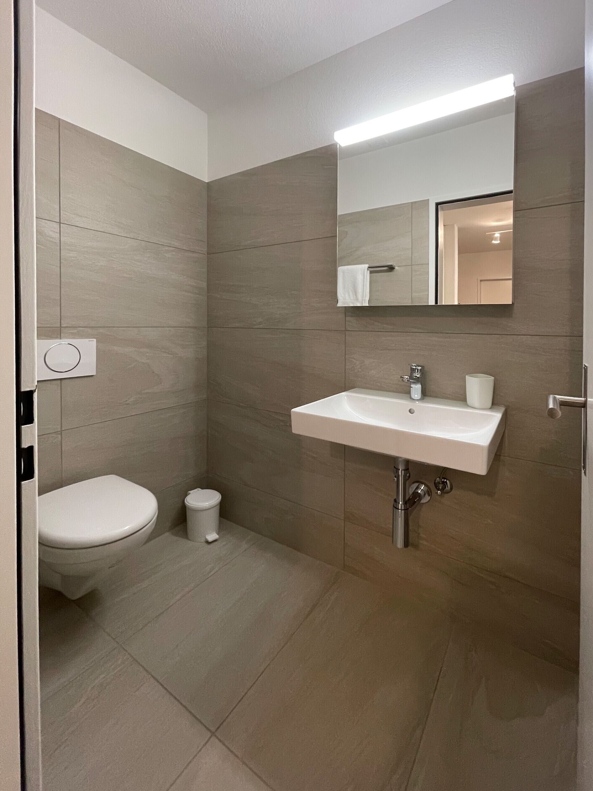 A modern bathroom with a toilet, sink, and mirror.