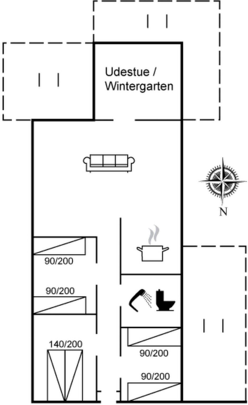 A floor plan with a winter garden, a sofa, a kitchen with a stove, and a sink.