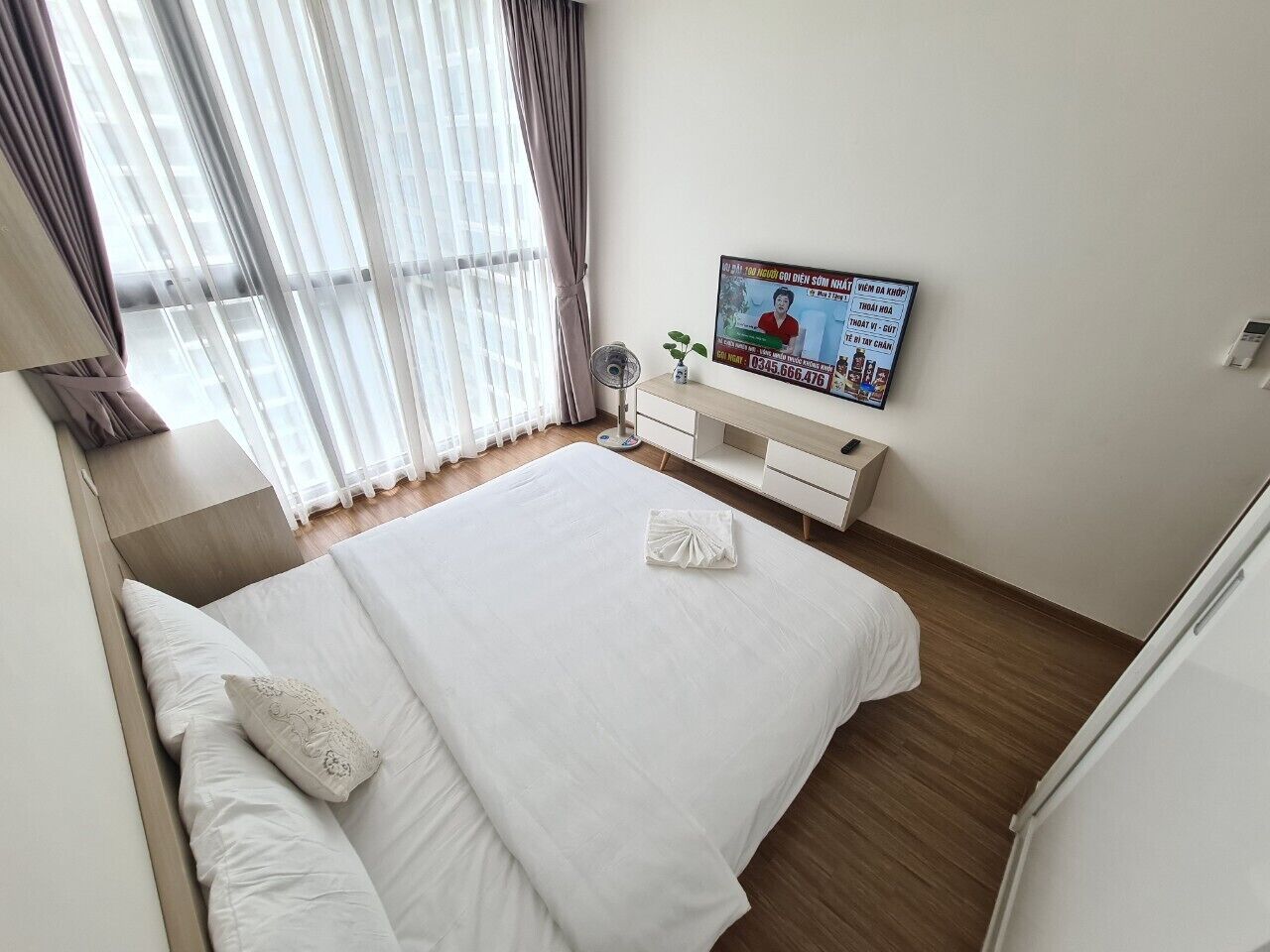 A hotel room with a large bed, a TV mounted on the wall, a small table with a plant, and a window with curtains.