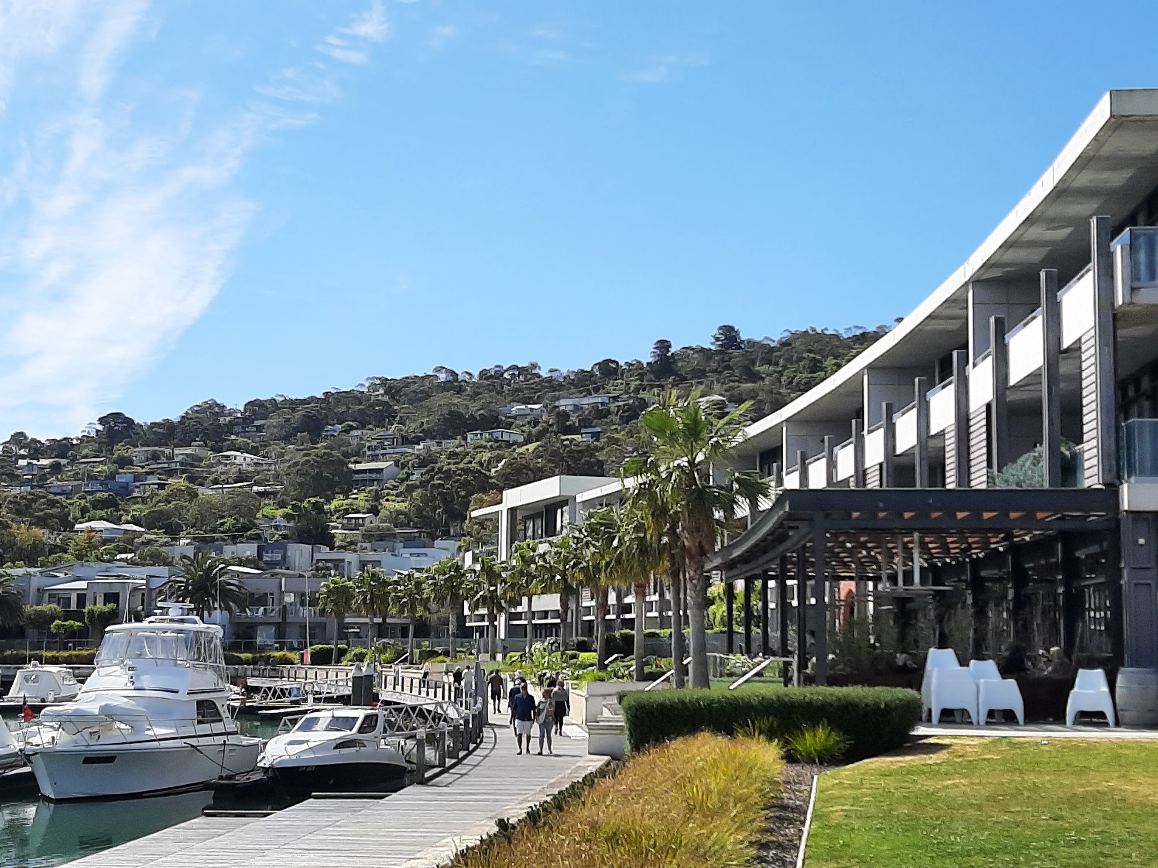 A marina with boats docked, a pedestrian walkway, and modern buildings with a view of a hillside.