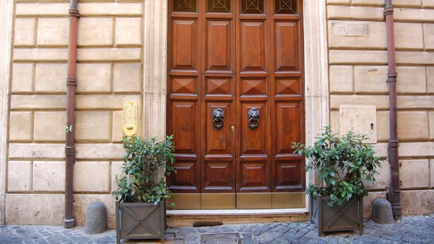 A double wooden door with a brass knocker, flanked by two potted plants. - Banco 19 b&b  (Rome)
