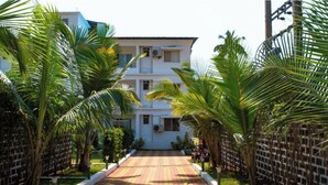 A pathway leading to a white building with multiple floors, surrounded by palm trees and a brick-paved area. - Dacha Arambol (Arambol)
