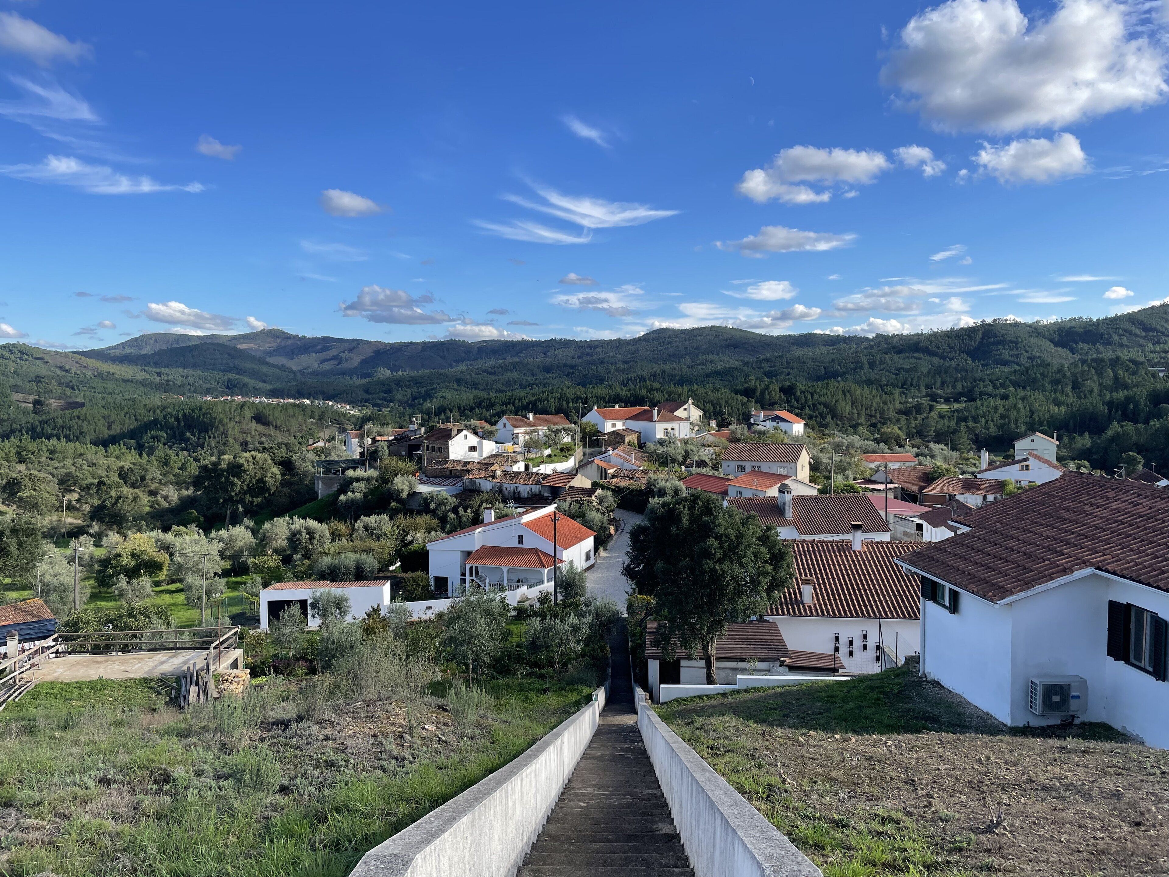 A rural village with traditional houses, a stone pathway leading through the center, and a backdrop of green hills under a clear sky.