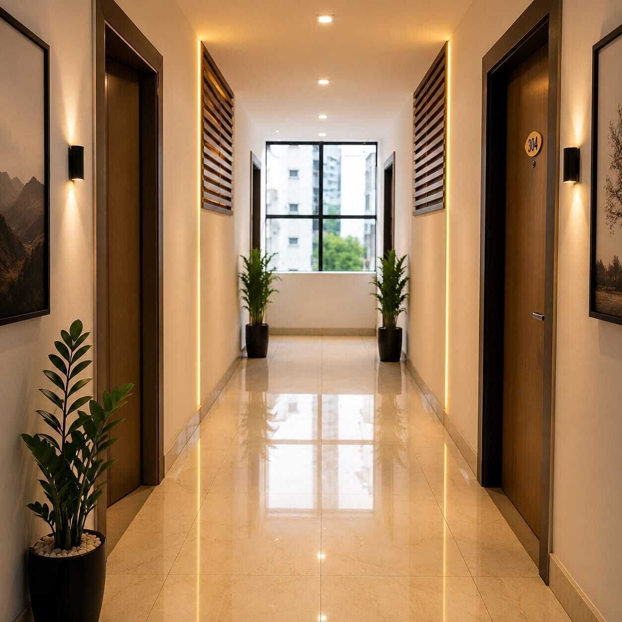 A hotel corridor with a polished floor, potted plants, and doors with a number plate.