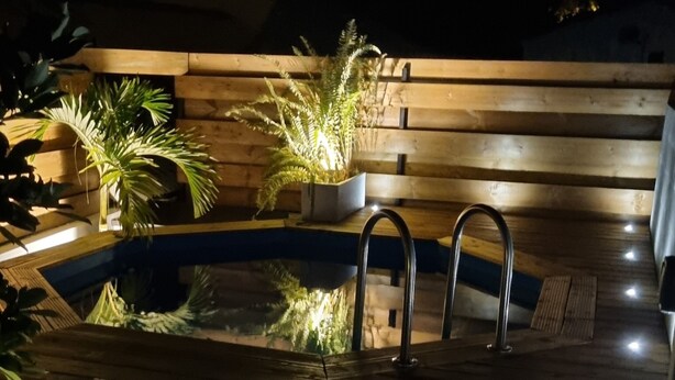 Eine Holzterrasse mit Pool, umgeben von Pflanzen und einem Holzzaun.