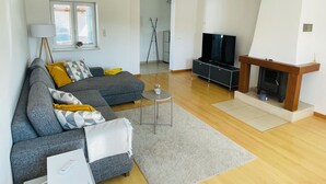 Ein modernes Wohnzimmer mit grauem Sofa, Fernseher, Kamin und Holzboden.