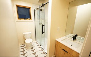 A bathroom with a toilet, a shower with glass doors, and a sink with a mirror. - Teakettle - Modern Tiny Home with Scenic Views in a Serene Setting with Private Hot Tub (Columbia Falls)