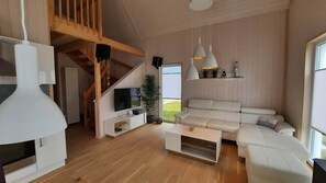 Tv, eldstad och ett filmbibliotek