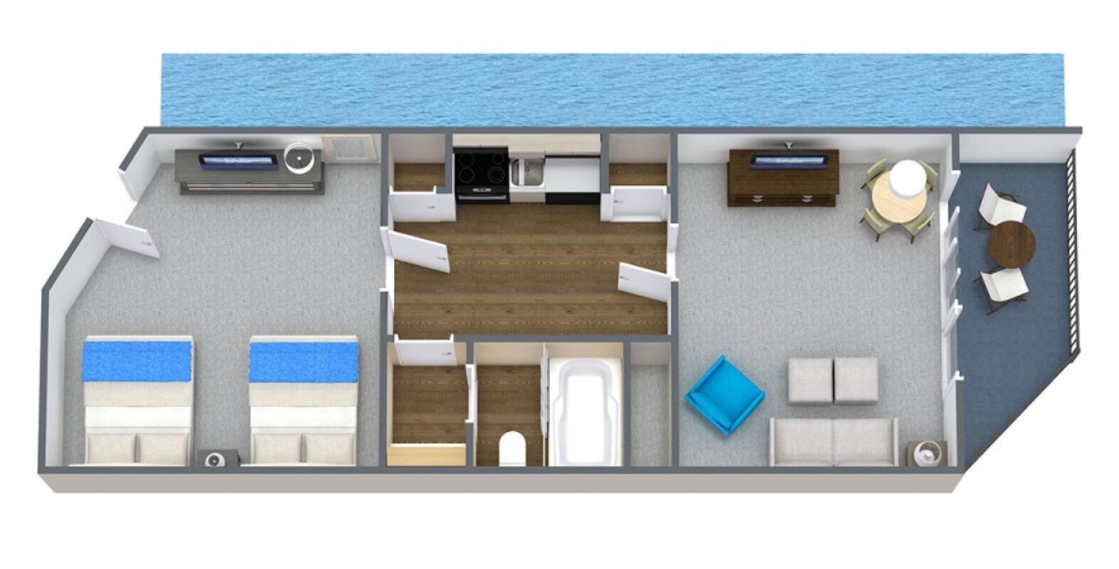 Planta baixa em 3D de uma cabine de barco, com cozinha, área de jantar, dois quartos e um banheiro.