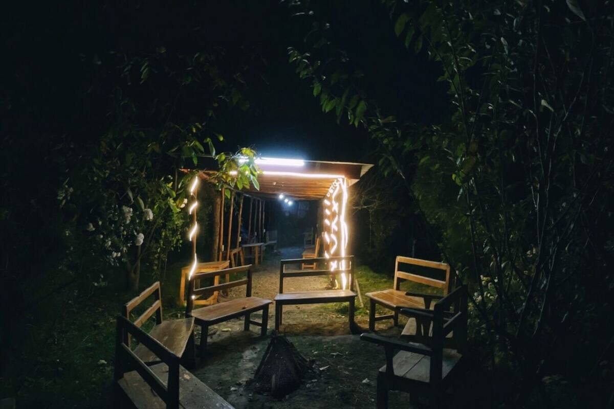 An outdoor seating area with wooden benches and a table, surrounded by greenery.