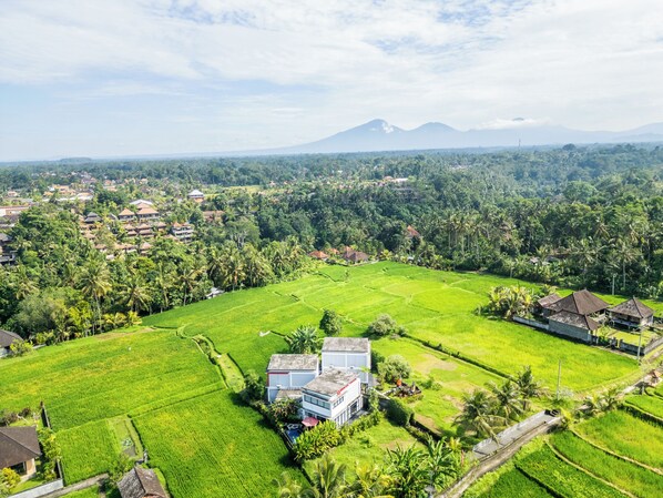 A rural landscape with a large green field, a few buildings, and a mountain in the background.