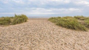 Ein sandiger Küstenpfad, der von Dünen gesäumt ist.