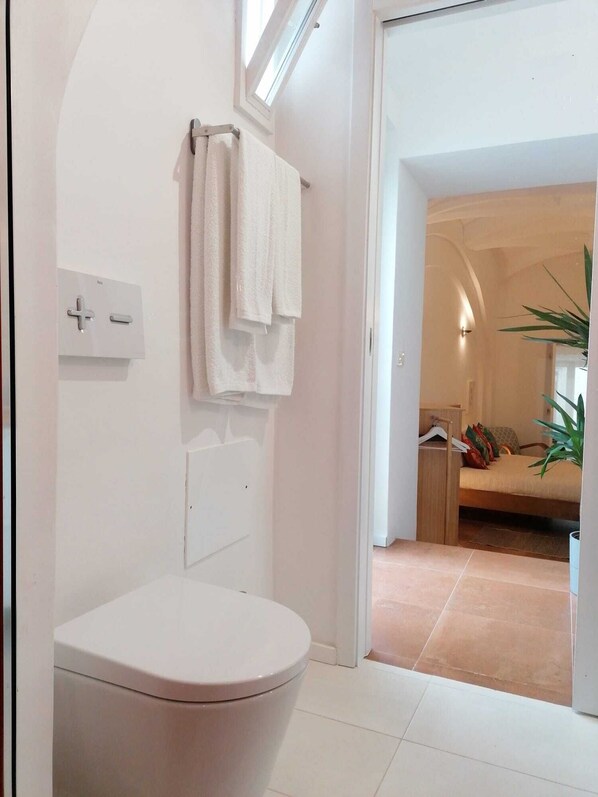 Dusche, Haartrockner, Handtücher, Seife
