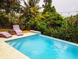 A rectangular swimming pool with a tiled edge, surrounded by a wooden deck and a black railing. There are two purple lounge chairs and a wicker basket on the deck. - Casa Don Toribio: Luxury Home with Private Pool (Aguada)