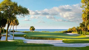 A golf course with sand bunkers, palm trees, and a view of the ocean.