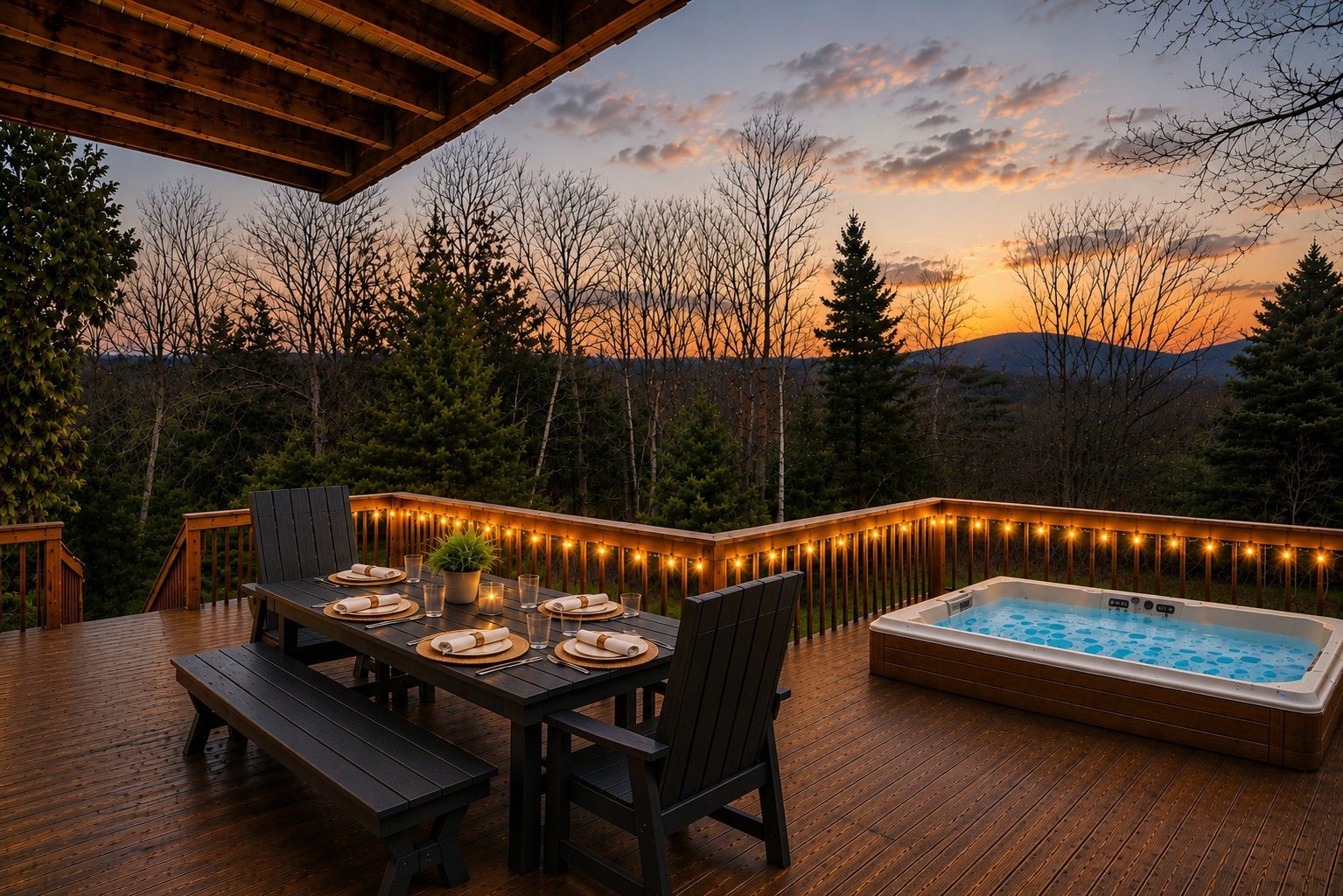 An outdoor deck with a hot tub and a dining table set for four, surrounded by trees and a sunset view.