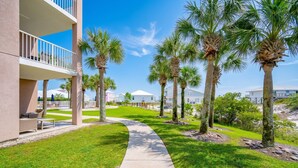 A pathway flanked by palm trees and a building with balconies. - The Dunes 503 1 Bedroom Condo (Gulf Shores)