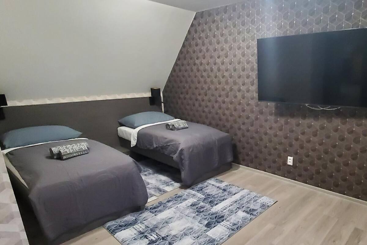A room with two beds, a TV mounted on the wall, and a patterned rug.