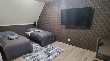 Une chambre avec deux lits, un téléviseur fixé au mur et un tapis à motifs.