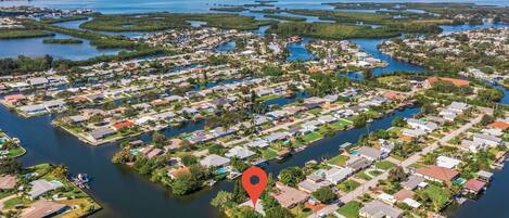 An aerial view of a residential area with houses, water bodies, and a red location marker.