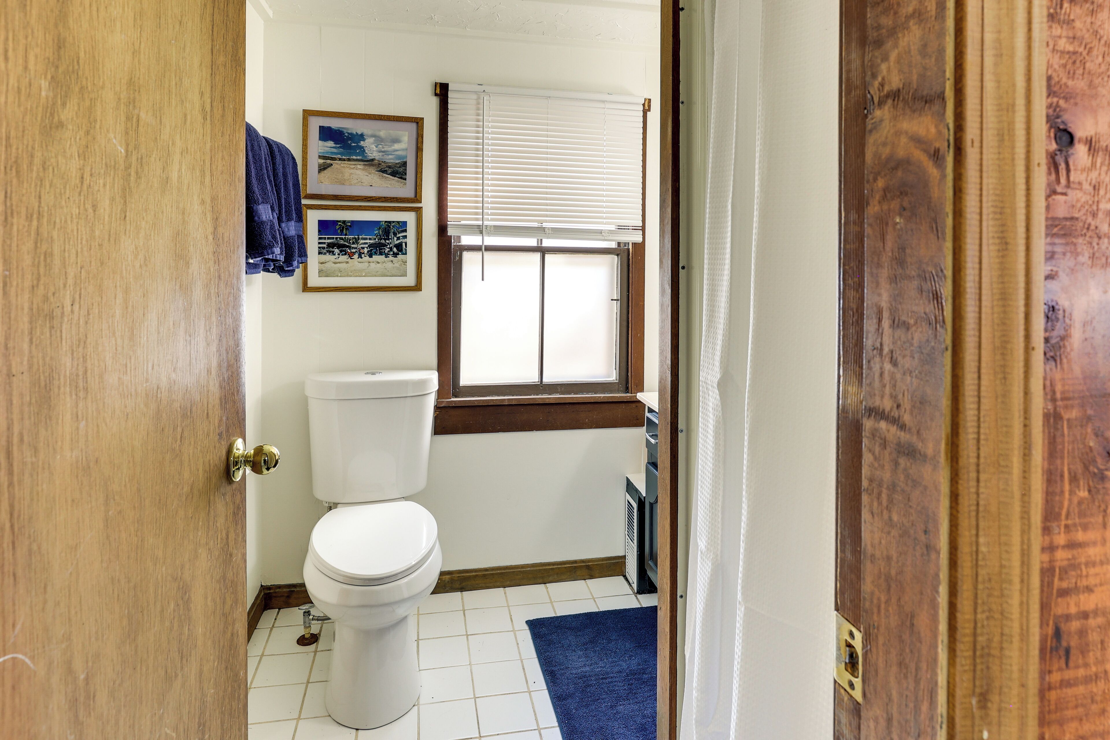 Une salle de bain avec des toilettes, une fenêtre avec des stores et un tapis bleu sur le sol.