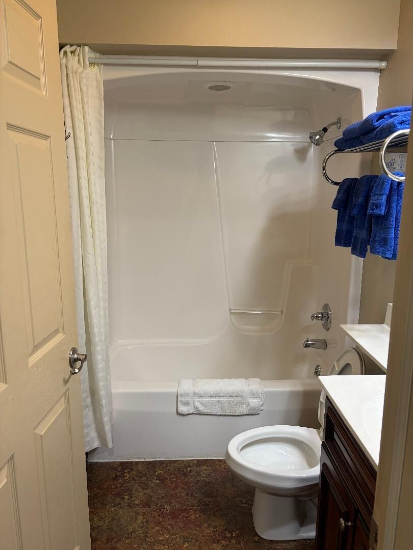 Un baño con bañera, inodoro y cortina de ducha.