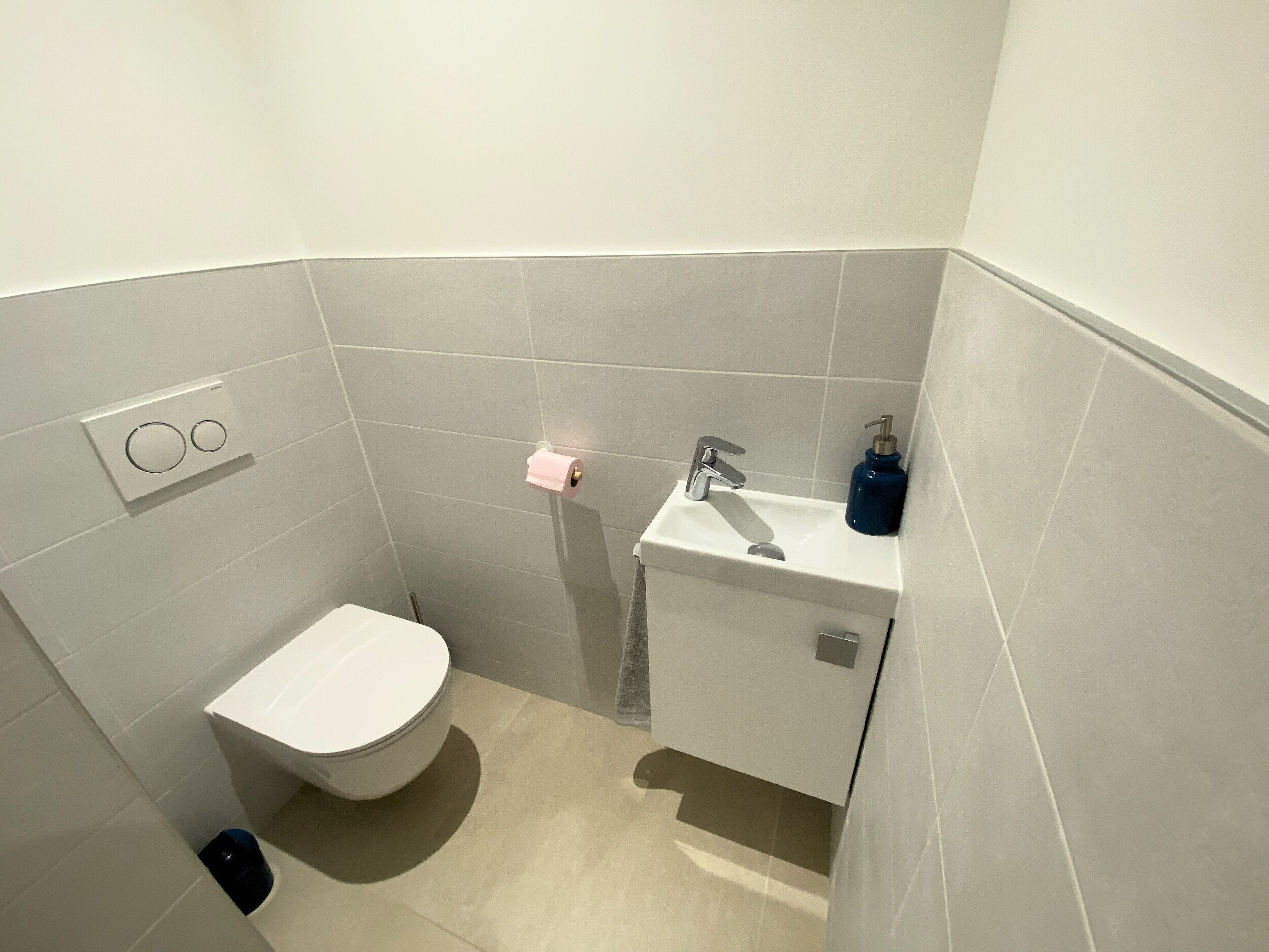 A small bathroom with a toilet, a sink, and a shower.