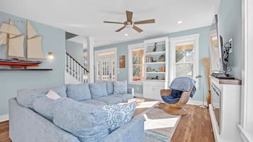 Smart TV, fireplace, books