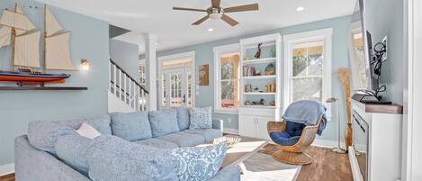 Smart TV, fireplace, books