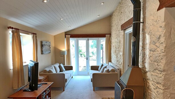 A cozy living room with a fireplace, two sofas, a television, and a dining table.