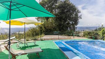 Ein Schwimmbecken mit grüner Liegefläche und Liegestühlen, umgeben von Bäumen und Blick auf die Landschaft.