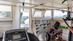 A small gym with a treadmill, exercise balls, and a wall with exercise program cards.