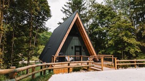 Une cabane triangulaire en bois, avec un toit noir, entourée d’arbres.