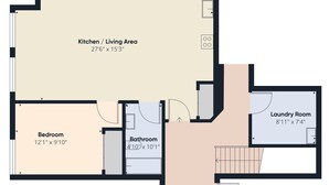 Een plattegrond met keuken/woonzamer, slaapkamer, badkamer en wasruimte.